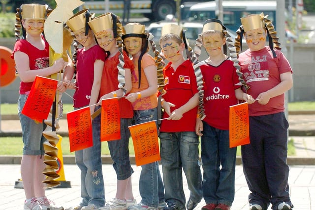 Pupils from St Aloysius PS. Left - Aimee Lenfesty, Marie Therese Clenaghan, Emer Drayne, Tamasin Lennon, Jonathan Thompson, Keelan Murray, Dylan Allen - right taking part in the Mayor's Parade in 2007