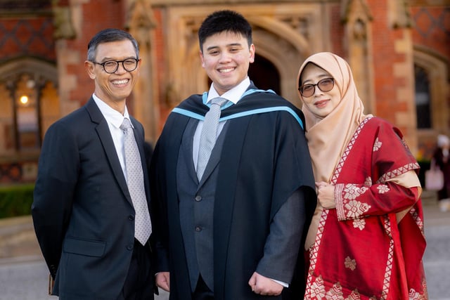 Fauzan Harun from Indonesia and his parents celebrate his Bachelor's degree in Aerospace Engineering.