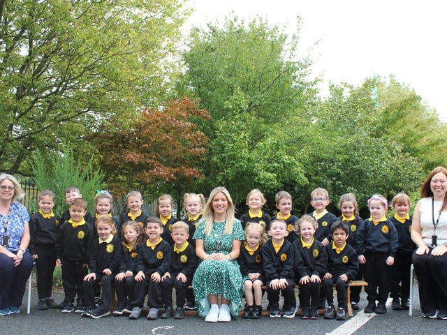 The new P1E class at Hart Memorial Primary School, pictured with Mrs Eakin.