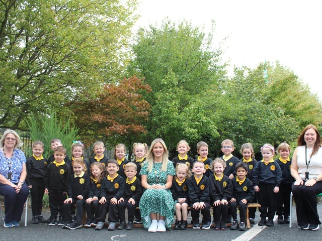 The new P1E class at Hart Memorial Primary School, pictured with Mrs Eakin.