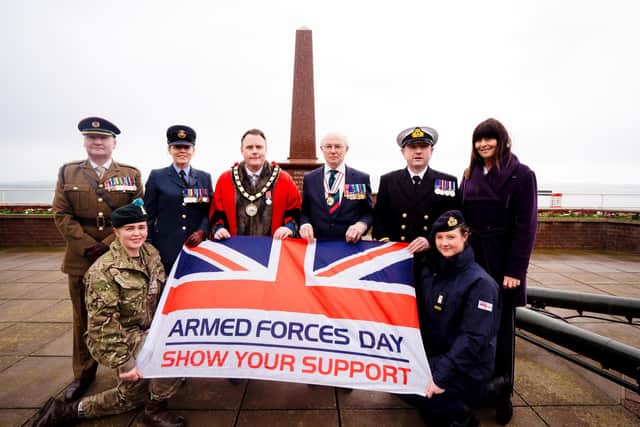 Lt Col Kevin Thomas, Wg Cdr Jacqueline Rankin, Mayor of Antrim and Newtownabbey Councillor Mark Cooper BEM, Colonel Neil Salisbury,OBE, DL, Lt Cdr Mark McCrea, Ursula Fay and cadets at the Armed Forces Day launch. Picture: A&NBC