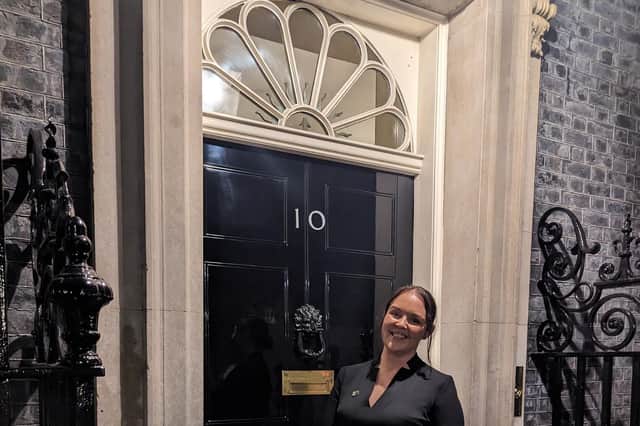 Yamin Geddis, founder of Zachary Geddis Break the Silence Trust mental health services in Coleraine, at 10 Downing Street, representing the community sector at the Northern Ireland Celebration of Culture government reception. Credit ZGBTST