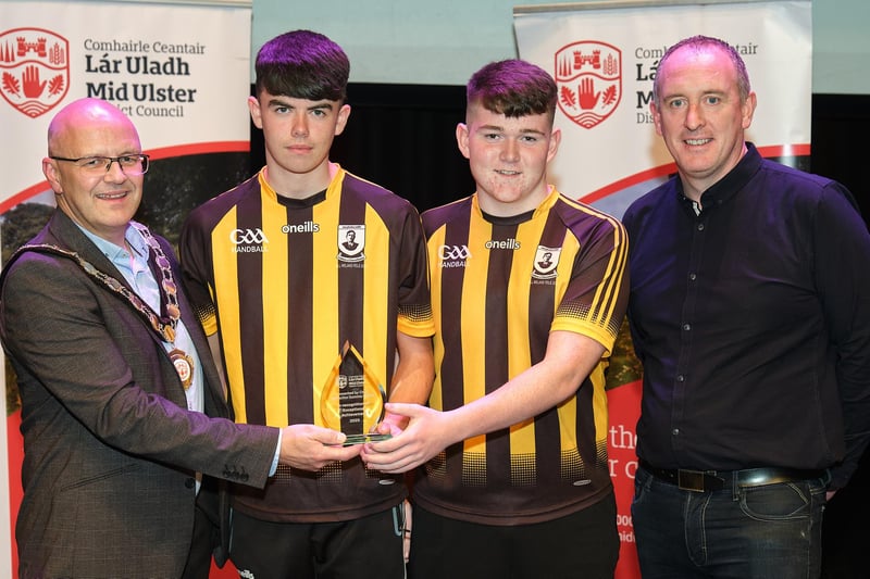 Pictured at the Civic Reception with Chair of the Council, Councillor Dominic Molloy, are Ryan McCallan and Sean Kennedy, Ulster U16 Handball Doubles Champions 2023. Also pictured is nominating councillor, Councillor Cathal Mallaghan.