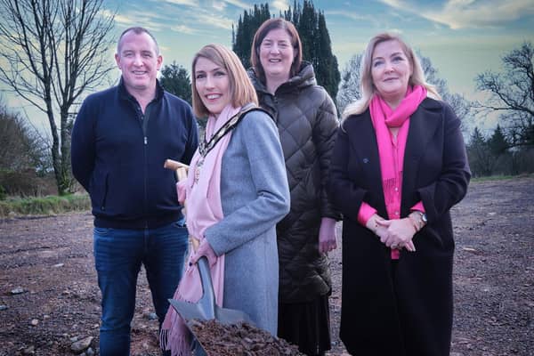 Welcoming the start of work in Pomeroy are Councillor Cathal Mallaghan, Council Chair, Councillor Córa Corry, Anne-Marie Campbell, Deputy Chief Executive of Mid Ulster District Council and Gina McIntyre, Chief Executive of the Special EU Programmes Body (SEUPB).