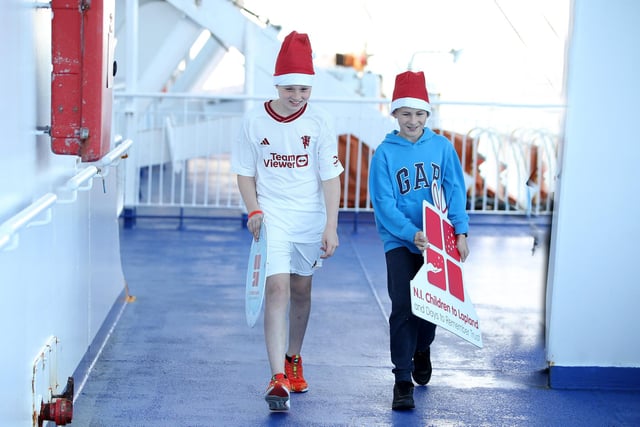 Joshua Robinson from East Belfast and Archie Tully from Holywood. The Northern Ireland Children to Lapland and Days to Remember Trust’s annual “Walk to Scotland” fundraiser. Over 100 fundraisers boarded the Stena Superfast Ship at Belfast, bound for Scotland.