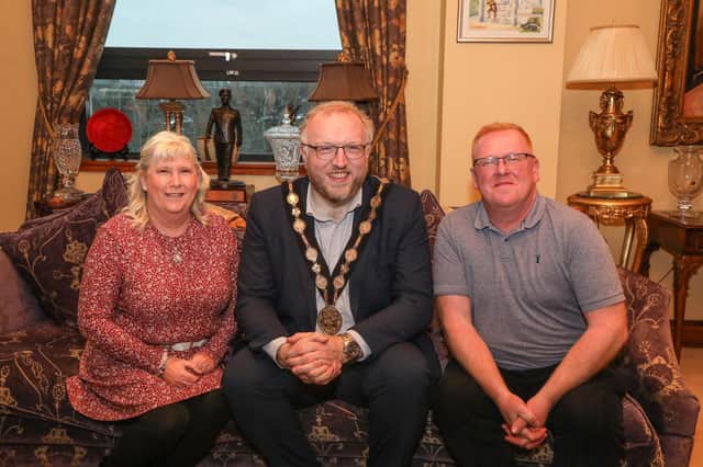Jackie Neill Keenan, Mayor Andrew Gowan and Councillor Alan Martin at the reception for Royal British Legion Poppy Appeal volunteers