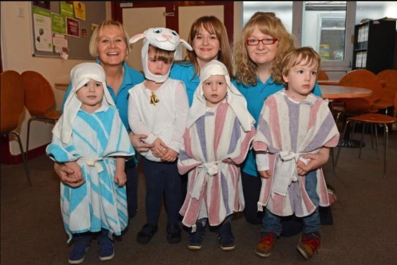 Rocking Horse Nursery School assistants Karen Humphreys, Danielle Goodfellow and Amy Maguire pictured with Ashton, Freya, Karter and Max as the shepherds and sheep at their nativity play in Greenisland Baptist Church in 2013.