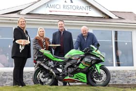 Amici Ristorante directors, Ana Morelli and Mark Hamilton, join the Briggs Equipment North West 200’s Emir McLaughlin and Mervyn Whyte to announce the Portstewart restaurant’s sponsorship of the Thursday evening Superstock race at this year’s event.  Credit Pacemaker Press