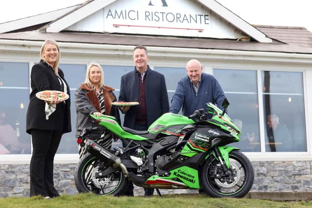 Amici Ristorante directors, Ana Morelli and Mark Hamilton, join the Briggs Equipment North West 200’s Emir McLaughlin and Mervyn Whyte to announce the Portstewart restaurant’s sponsorship of the Thursday evening Superstock race at this year’s event. Credit Pacemaker Press