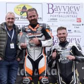 One of the most hotly contested races in 2022 was the Supertwins - pictured on the podium with the sponsors’ backdrop are riders Jamie Coward, Michael Sweeney (who is currently injured but trying to return to riding for Armoy) and Paul Jordan, alongside last year’s sponsor Colin Johnston of Galgorm Collection.
Photo: Stephen Davison Pacemaker Press