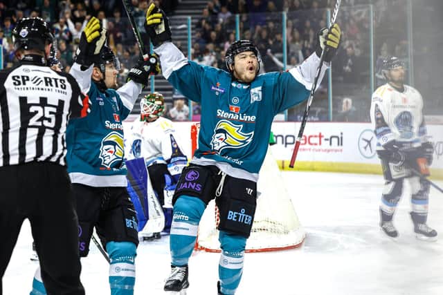 Belfast Giants’ Jordan Kawaguchi celebrates scoring against Coventry Blaze earlier this season. Photo by William Cherry/Presseye