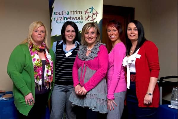 Lynda Bryans (centre) from UTV was speaking at the South Antrim Rural Network Community Health Fair at Corrs Corner Hotel in 2010 and was pictured with Wendy Kerr (SARN), Emma Keenan (development officer SARN), Danielle Gallagher (Bereaved by Suicide Project) and Janine Gaston (NHSCT).