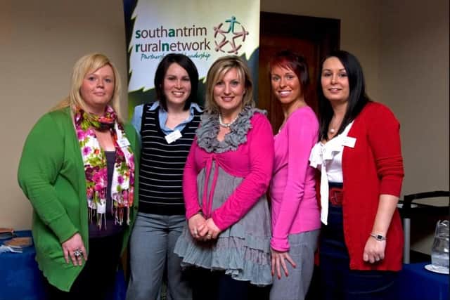 Lynda Bryans (centre) from UTV was speaking at the South Antrim Rural Network Community Health Fair at Corrs Corner Hotel in 2010 and was pictured with Wendy Kerr (SARN), Emma Keenan (development officer SARN), Danielle Gallagher (Bereaved by Suicide Project) and Janine Gaston (NHSCT).