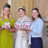 From left Lola Anderson, Coleraine's Hannah Scott, Georgina Brayshaw and Lauren Henry after being made Members of the Order of the British Empire during an Investiture ceremony at Buckingham Palace, on March 27. (Photo by Jonathan Brady - WPA Pool/Getty Images)