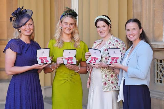 From left Lola Anderson, Coleraine's Hannah Scott, Georgina Brayshaw and Lauren Henry after being made Members of the Order of the British Empire during an Investiture ceremony at Buckingham Palace, on March 27. (Photo by Jonathan Brady - WPA Pool/Getty Images)