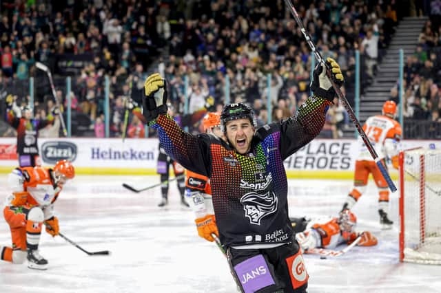 Belfast Giants' David Goodwin celebrates after Scott Conway scores against Sheffield Steelers during Friday’s Elite Ice Hockey League game at the SSE Arena, Belfast.   Photo by William Cherry/Presseye