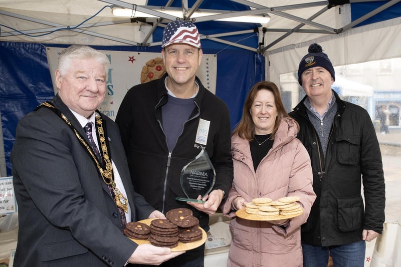 Mayor, Councillor Steven Callaghan visits Ted and Alastair at Big Ted’s American Cookies, alongside Catrina McNeill, Council’s Town Project officer.