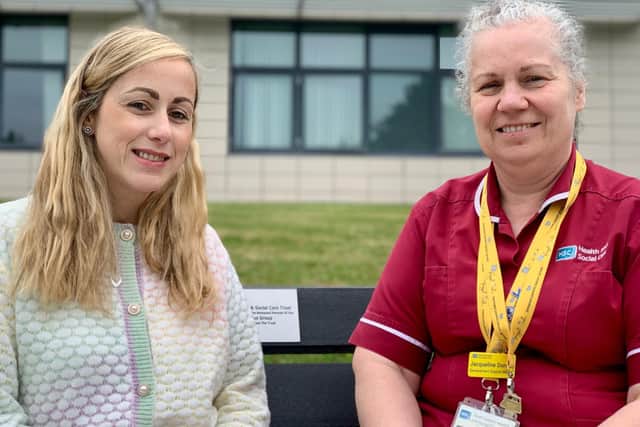 Sarah McGourty, pictured with Bereavement Midwife, Jacqueline Dorrian, raised money for the Ulster Hospital's Forget Me Not group by running the Comber 10K. Pic credit: SEHSCT