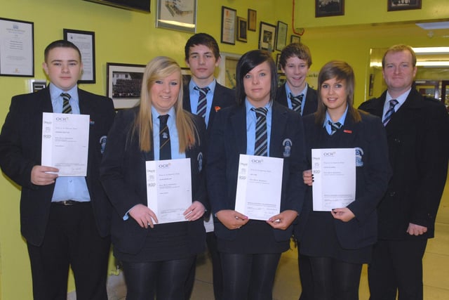 Dromore High School year 12 pupils who received CLAIT OCR Level 1 ICT certificates in 2011. Included is Mr Simon Walker, year head.