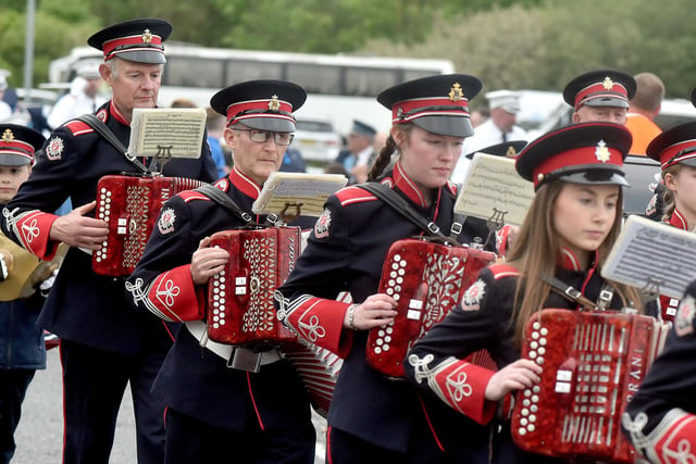 Enagh Accordion Band, Markethill, on the road at the vMullabrack Accordion Band 40th anniversary parade. PT22-216.