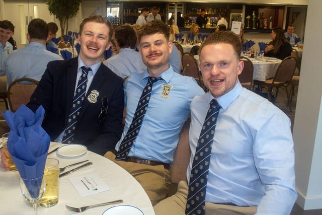 Looking smart at the Portadown RFC awards dinner are from left, Christopher Thornbury, Drewe Flack and Niall Davison. PT14-229.