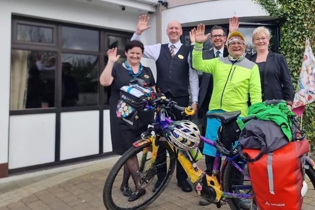TV presenter Timmy Mallett is cycling around the UK and Ireland and has reached the Causeway Coast. Here he is pictured leaving the Lodge Hotel in Coleraine.