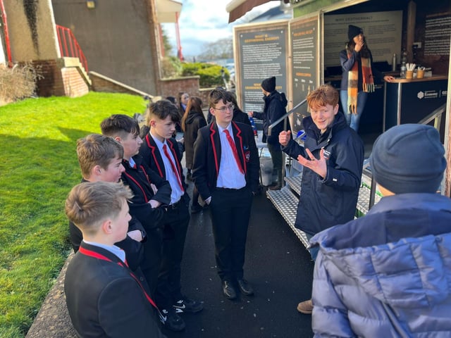 Year 10 students from Coleraine College - Oscar Johnston, Thomas Walters, Jimson Padilla, Katie-Jo Mullholland, Brooke Stewart and teacher Lesley Holmes – are pictured with Brendan Feeney and Michael MacKenzie from the GeoEnergy NI Project team. The GeoEnergy Discovery Centre visited Coleraine as part of its Roadshow and welcomed students from Loreto College, Coleraine College, Coleraine Grammar School and DH Christie Memorial Primary School as part of a special Schools Day activity, hosted by Coleraine Grammar School. Credit Morrow Communications