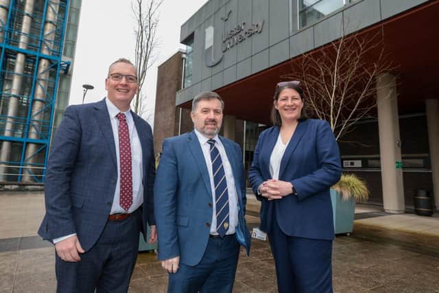 The Minister of Health pictured with Prof Victor Gault and Dr Diane Lees-Murdock