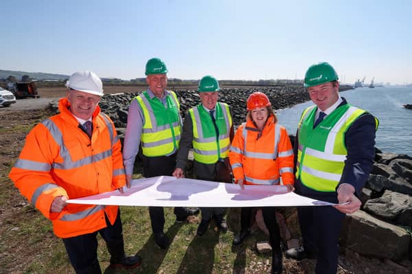 Belfast Harbour CEO Joe O'Neill; Jonathan Martin, GRAHAM project manager; Leo Martin, GRAHAM Civils MD; Belfast Harbour chair Dr Theresa Donaldson and Paul Scott, GRAHAM contracts director. Photo: Matt Mackey
