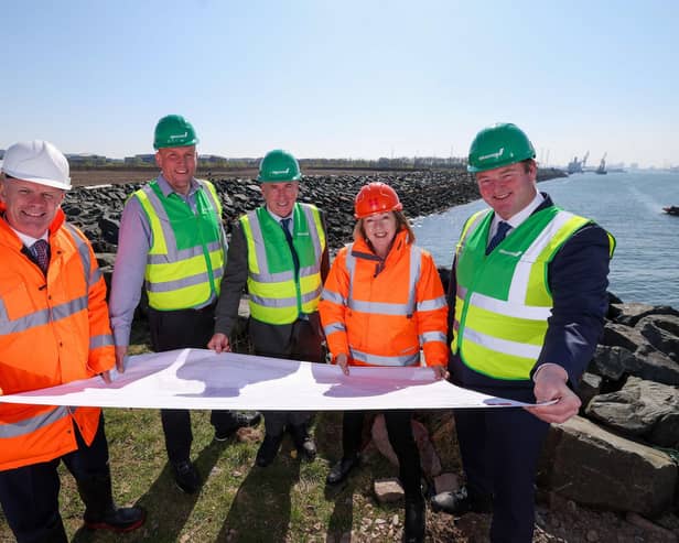 Belfast Harbour CEO Joe O'Neill; Jonathan Martin, GRAHAM project manager; Leo Martin, GRAHAM Civils MD; Belfast Harbour chair Dr Theresa Donaldson and Paul Scott, GRAHAM contracts director. Photo: Matt Mackey