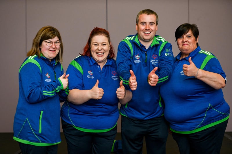 Team Ulster badminton members (L-R): athlete Claire' O'Neill, coach Kim McCrave, athlete Colm Monahan and coach Mags Curtin. Photo by David Fitzgerald/Sportsfile