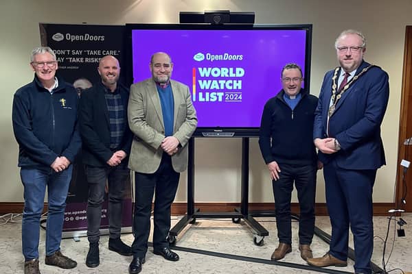 Dean Sam Wright, Chris Phillips, Rt Rev Darren McCartney, Archdeacon Paul Dundas and Mayor of Lisburn & Castlereagh City Council, Councillor Andrew Gowan at the Open Doors event in Lisburn. Pic credit: LCCC