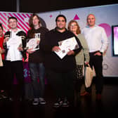 Pictured with judges Gary Ritchie, SERC and Maeve Monaghan, NOW Group are E-Team, Ben Angelone (Glenavy), Finley Houston (Dromara), and Parsa Mohammaditari (Carryduff) – missing from team photo Ryan Parker (Lisburn) - from the Level 3 National Extended Diploma in IT - IT Professional with judges Liz Barron, Northern Ireland Screen Skills and Robert Ferguson, FourGears Media