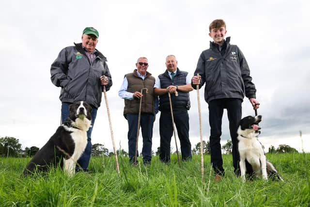 Competitors and grandfather and grandson duo (forefront) Sammy Long and Sam Fagan, hailing from Ballybofey, in County Donegal with Bill Porter, Owner of Gill Hall Estate and John McCullough, Chairman of the World Trial Committee. Pic Credit: Kelvin Boyes
