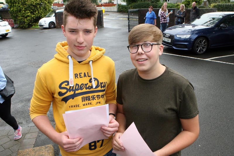 Pictured at Ballyclare High School on GCSE results day 2018 are Matthew Hamilton (A* 3A 2B 2C) and Stefan Ross (3A* 4A 3B).