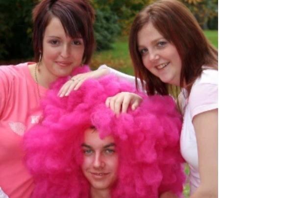 Jenifer Meek, Michael Black and Carly McCann in pink for Newtownabbey Community High School's fundraising event in 2006.