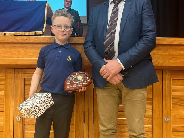 The Dungannon & South Tyrone Council Shield for Best Personality presented to Henry Eakin by Mr Mark Robinson.