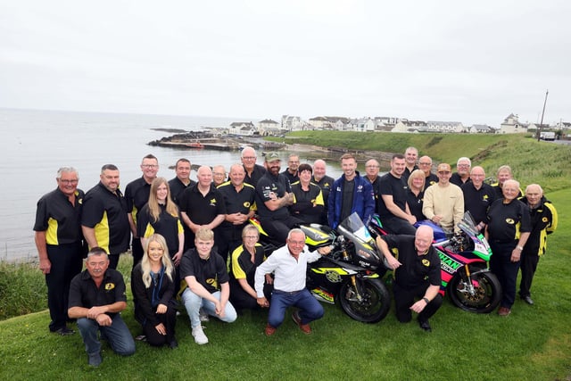 Members of the Armoy Motorcycle Road Racing Club (AMRRC) are pictured during the launch at the Bayview Hotel, Portballintrae, alongside owner and title sponsor, Trevor Kane, foreground, centre and road racers, Jamie Coward, Paul Jordan, Neil Kernohan and Dominic Herbertson.
