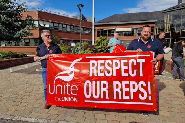 Members of Unite and other unions attend protest at Craigavon Civic Centre amid claims one of their colleagues working for Armagh, Banbridge and Craigavon Council was sacked.