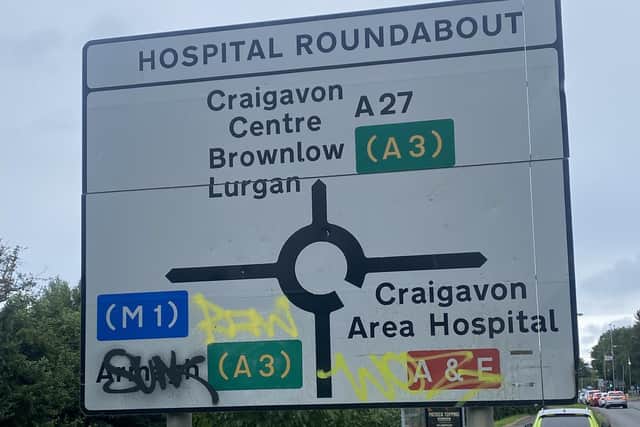 Brownlow Neighbourhood Policing Team would like to thank the local community that have helped it to identify some of those responsible for the graffiti that can be seen in the Portadown, Lurgan and Craigavon areas. Here is a defaced sign at Craigavon Area Hospital roundabout.