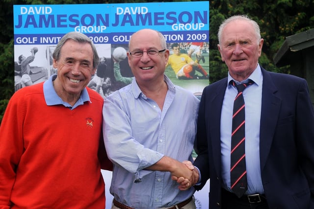 Portadown Football Club chairman Roy McMahon pictured with special guests Gordon banks, left, and Harry Gregg at the Jameson Invitation Golf Tournament in 2009