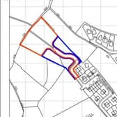 A site map with the proposed development area outlined in red.