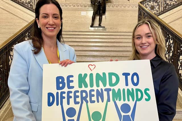 Kerry Boyd, Autism NI CEO, and Cheryl Brownlee MLA supporting Autism NI’s ‘Be Kind to Different Minds’ campaign. Photo: submitted