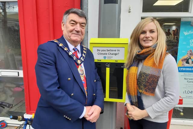 The Mayor of Mid and East Antrim, Alderman Noel Williams and Catherine Hunter, council’s environmental education officer, at one of the cigarette ballot bins.