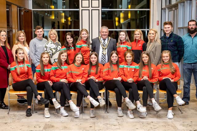 The Mayor of Causeway Coast and Glens Borough Council, Councillor Ivor Wallace, pictured with representatives of Loughgiel School of Irish Dance at a recent reception in Cloonavin. Also pictured is Councillor Cara McShane