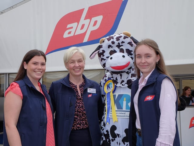Pictured with Northern Ireland Kidney Research Fund 's mascot Bella the Kidney Cow are ABP staff Lauren Stevenson, Karen Maxwell and Eimear Hunter.