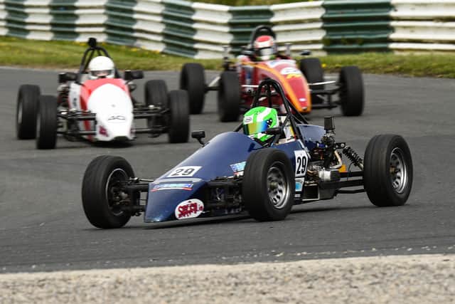 Ronan Doherty, Sheane, leads Sean McCallion, Sheane, and Kieran Hannon, Leastone, on his way to winning the LOH Motorsport Formula Vee race. ICCR, Mondello Park, Donore, Co. Kildare. Picture: Barry Cregg.