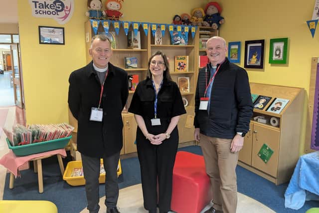 Presbyterian Moderator, Dr Richard Murray (left) with Mrs Sharleen Deehan, Principal of Kilronan Special School, with Rev Jonathan Curry, Minister of First Magherafelt Presbyterian Church | Supplied