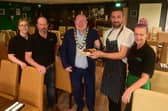 The Mayor of Antrim and Newtownabbey, Councillor Neil Webb, with Mulligan’s team, Kirstie, Wayne, Joseph and Carol.