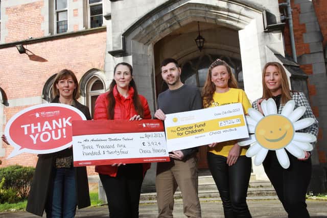The Choice Housing Fundraising Committee marking the end of their partnership with their chosen charities, Air Ambulance and Cancer Fund for Children. Pictured L-R is Marcia McMath (Choice Housing), Grace Williams (Air Ambulance), Graham Woods (Choice Housing), Jordana Stoney-Wilson (Cancer Fund for Children) and Ashleigh Lloyd (Choice Housing).